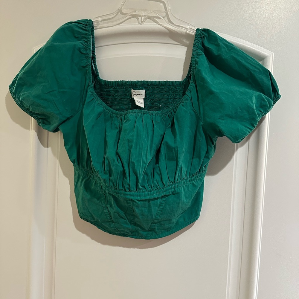 Japna Kelly Green NWOT Puff Sleeve Cropped Blouse with Smocking on Back Size L